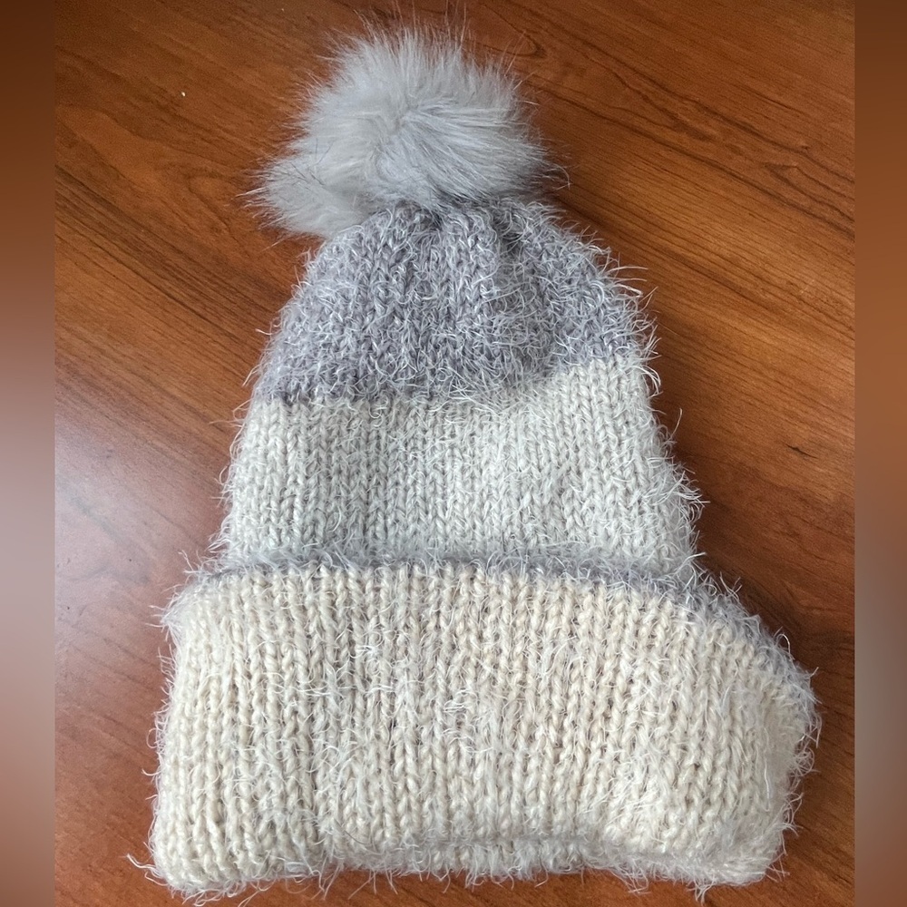 Soft Handmade Fuzzy Winter Hat with Pom Pom Gray to Cream